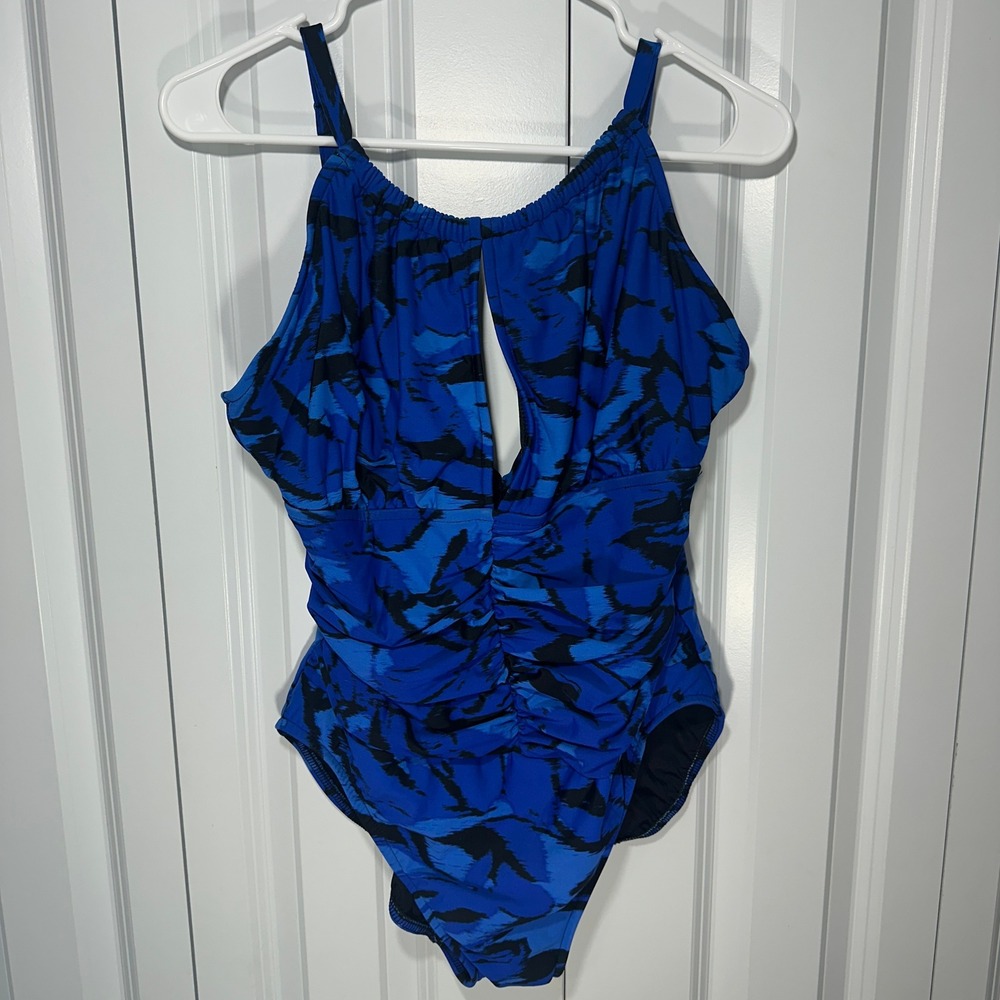 Magicsuit One Piece Swimsuit Womens XL Blue Black Ruched Keyhole Slimming Beach